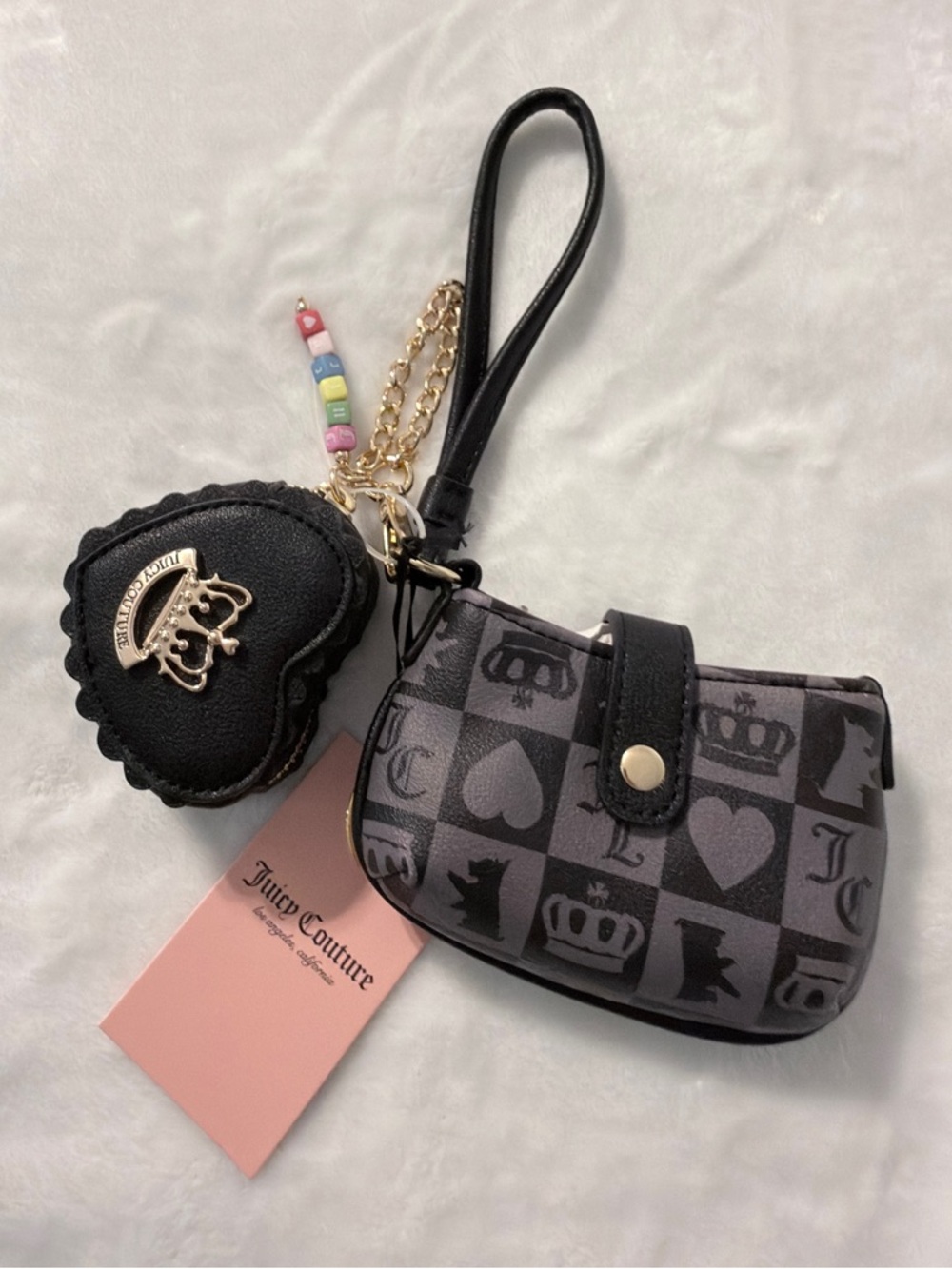 Juicy Couture Black & Gray Logo Wristlet Coin Purse with Heart Charm